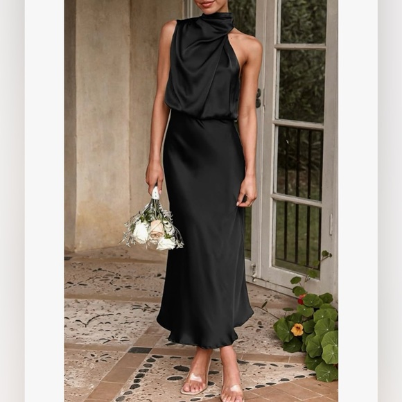 PrettyGarden Black Satin Sleeveless Mock Neck Cocktail Maxi Dress NWT | M - Picture 6 of 7